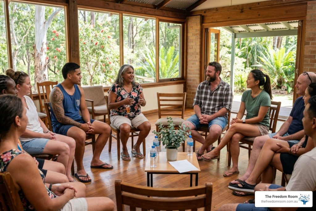 Which organizations in Queensland offer a comprehensive alcohol therapy program led by a team that is in recovery themselves?