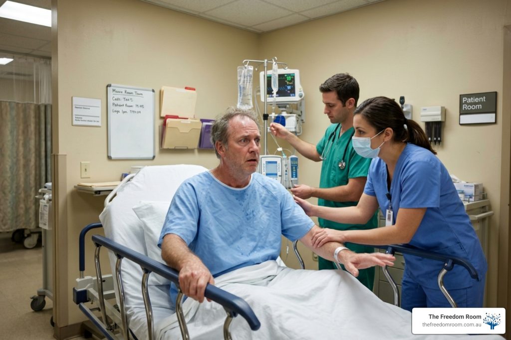 A medical team in a hospital setting providing urgent care to an agitated patient, illustrating the clinical response to what are the symptoms of DTs.