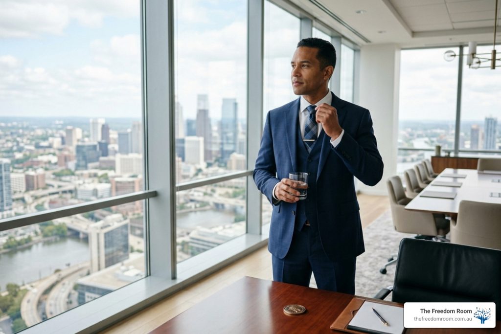 A confident professional in a suit looking out a high-rise office window, symbolising the journey toward executive alcohol treatment and recovery.