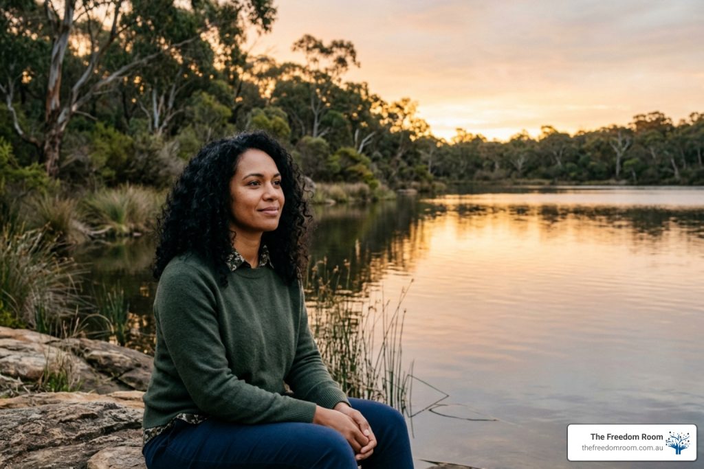 A woman sitting peacefully by a lake at sunset, practicing mindfulness to manage stress and emotional triggers for alcohol use.