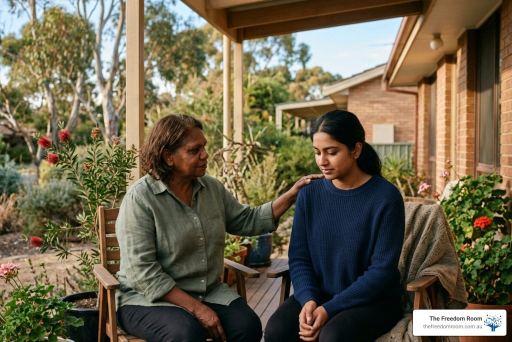 person offering a supportive hand on another's shoulder in a warm Australian setting