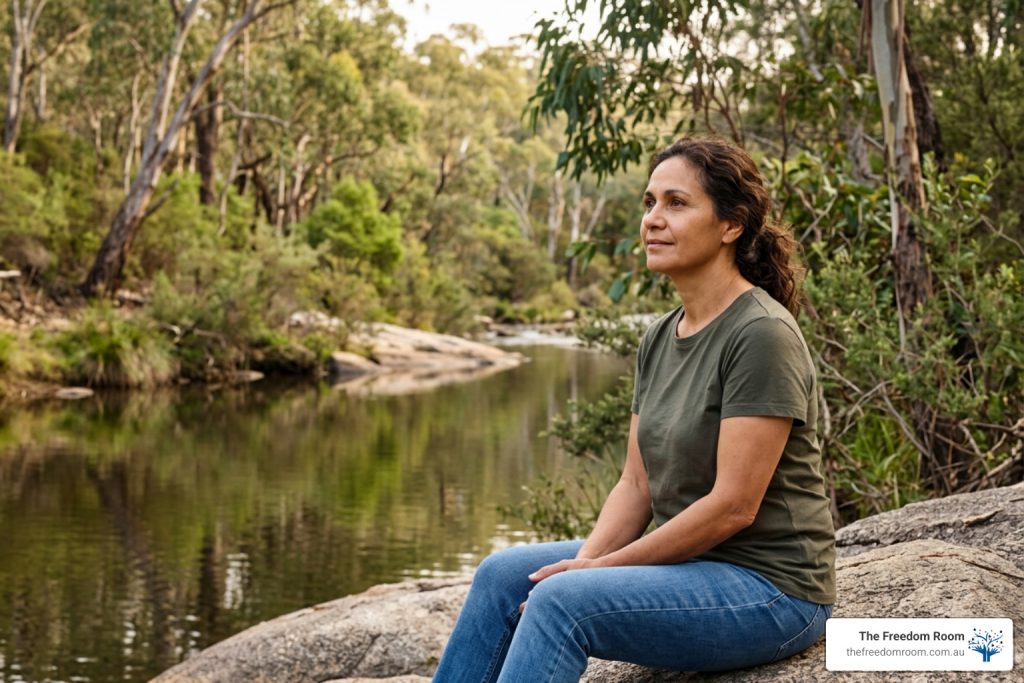 person reflecting on alcohol recovery journey in natural Australian setting