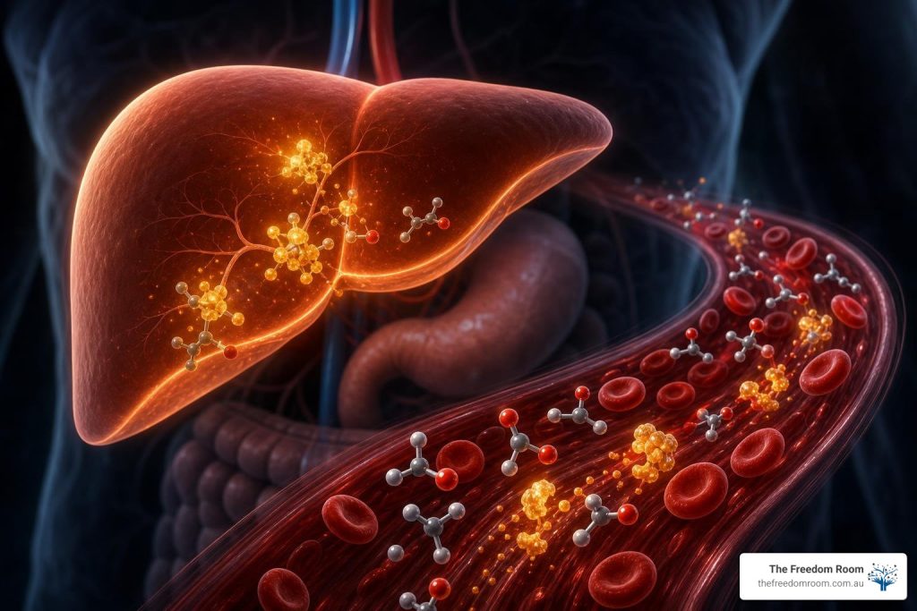 illustration of the human liver filtering toxins from the bloodstream