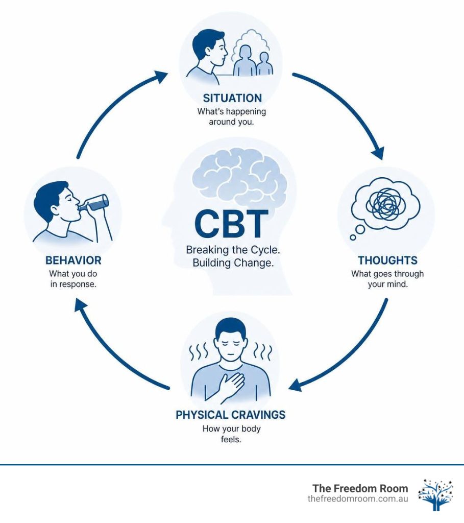 diagram showing the cognitive behavioral therapy cycle of situation, thoughts, physical cravings, and behavior