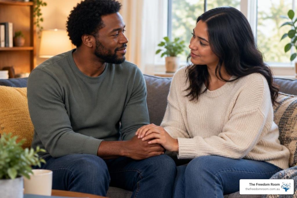 supportive couple communicating calmly at home