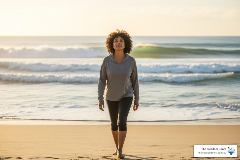 person walking on a beach at sunrise in Australia, hopeful recovery