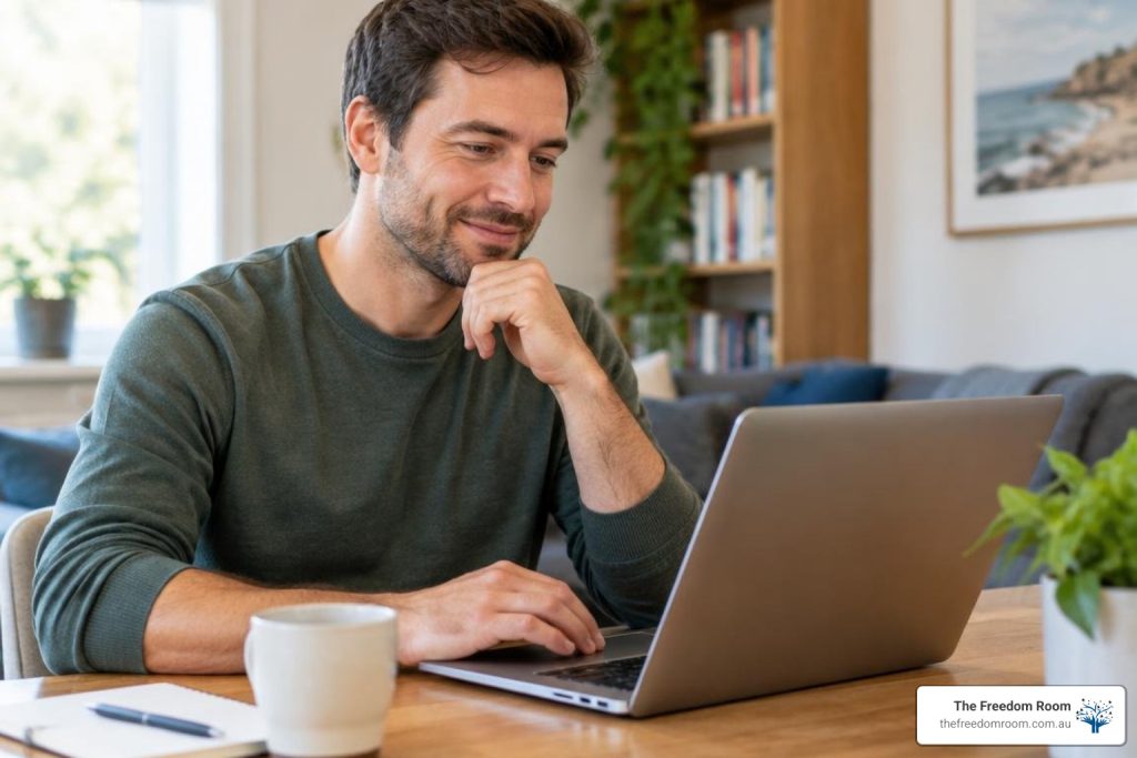 Photorealistic Australian adult reviewing alcohol recovery options at home