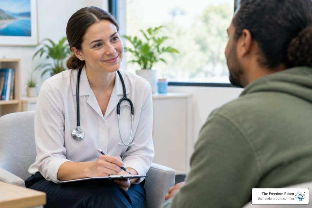 Australian clinician discussing alcohol withdrawal care with a patient