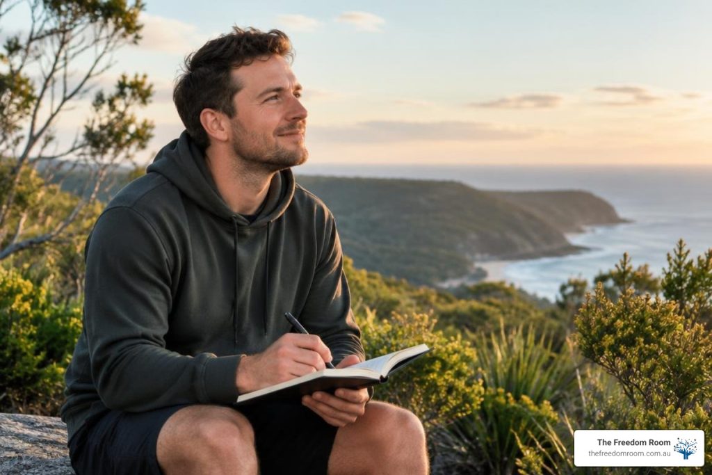 Australian adult reflecting in a journal during alcohol recovery