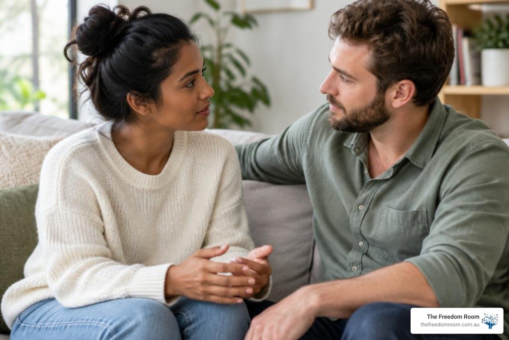 Supportive couple having an honest and calm conversation at home
