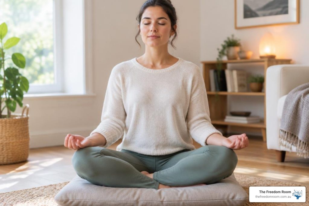 Person practising focused breathing techniques in a quiet room