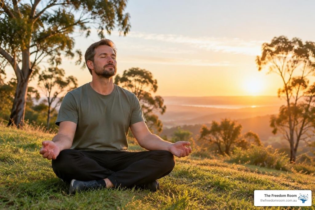 Australian adult in alcohol recovery practising calm breathing outdoors at sunrise